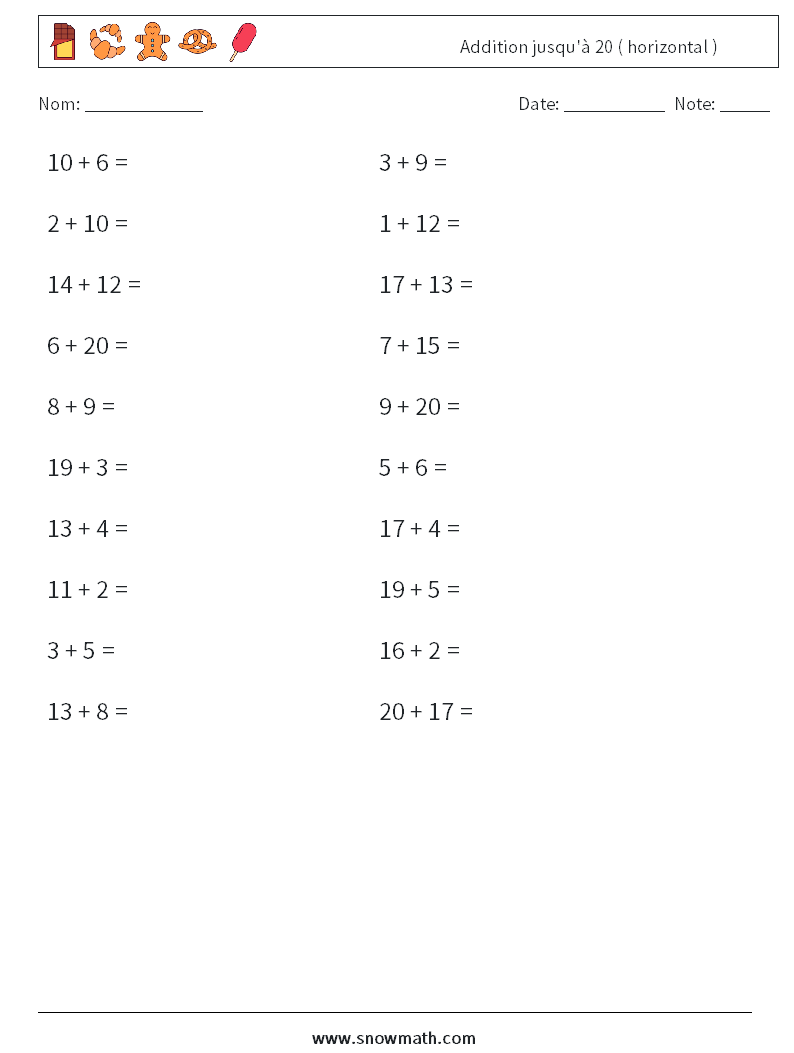 (20) Addition jusqu'à 20 ( horizontal ) Fiches d'Exercices de Mathématiques 7