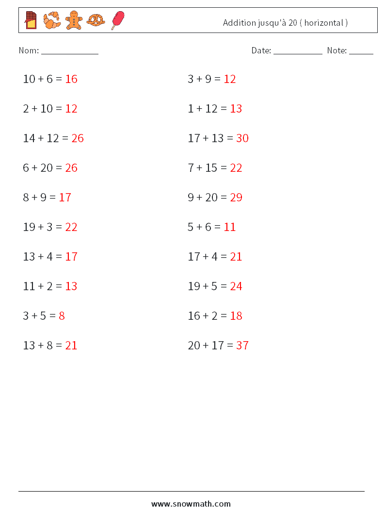 (20) Addition jusqu'à 20 ( horizontal ) Fiches d'Exercices de Mathématiques 7 Question, Réponse