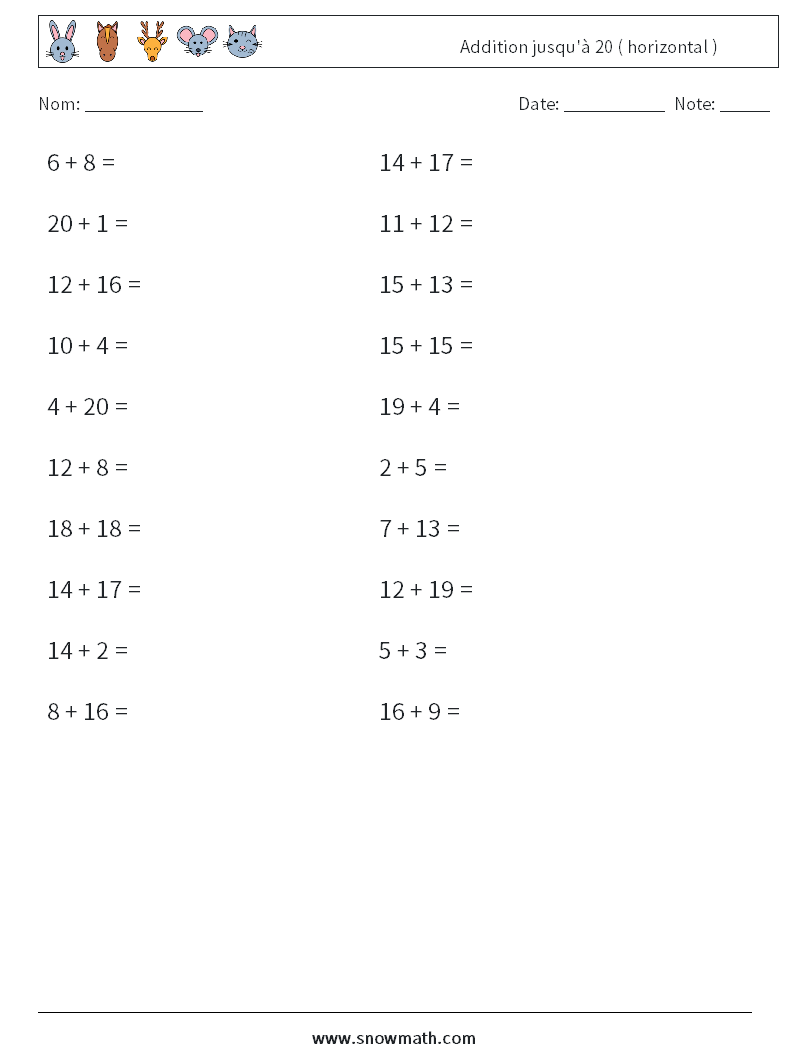 (20) Addition jusqu'à 20 ( horizontal ) Fiches d'Exercices de Mathématiques 8