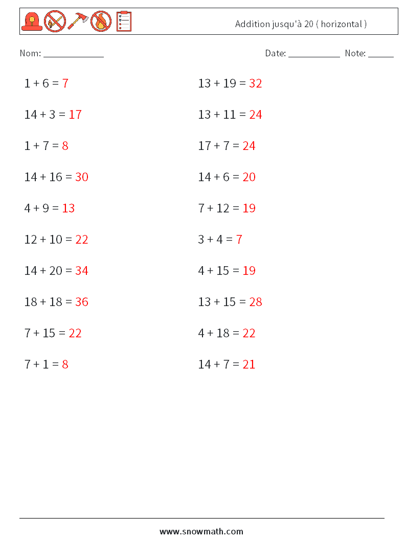 (20) Addition jusqu'à 20 ( horizontal ) Fiches d'Exercices de Mathématiques 9 Question, Réponse