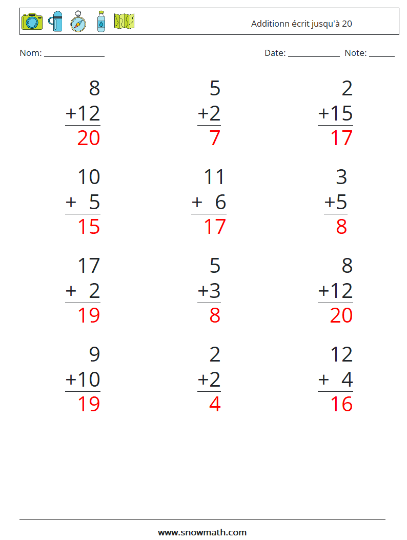 (12) Additionn écrit jusqu'à 20 Fiches d'Exercices de Mathématiques 11 Question, Réponse