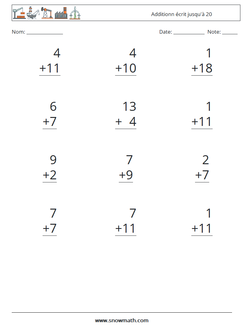 (12) Additionn écrit jusqu'à 20 Fiches d'Exercices de Mathématiques 12