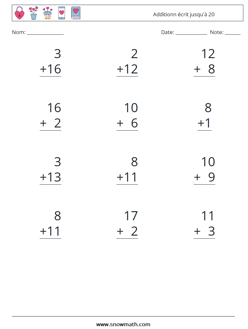 (12) Additionn écrit jusqu'à 20 Fiches d'Exercices de Mathématiques 13