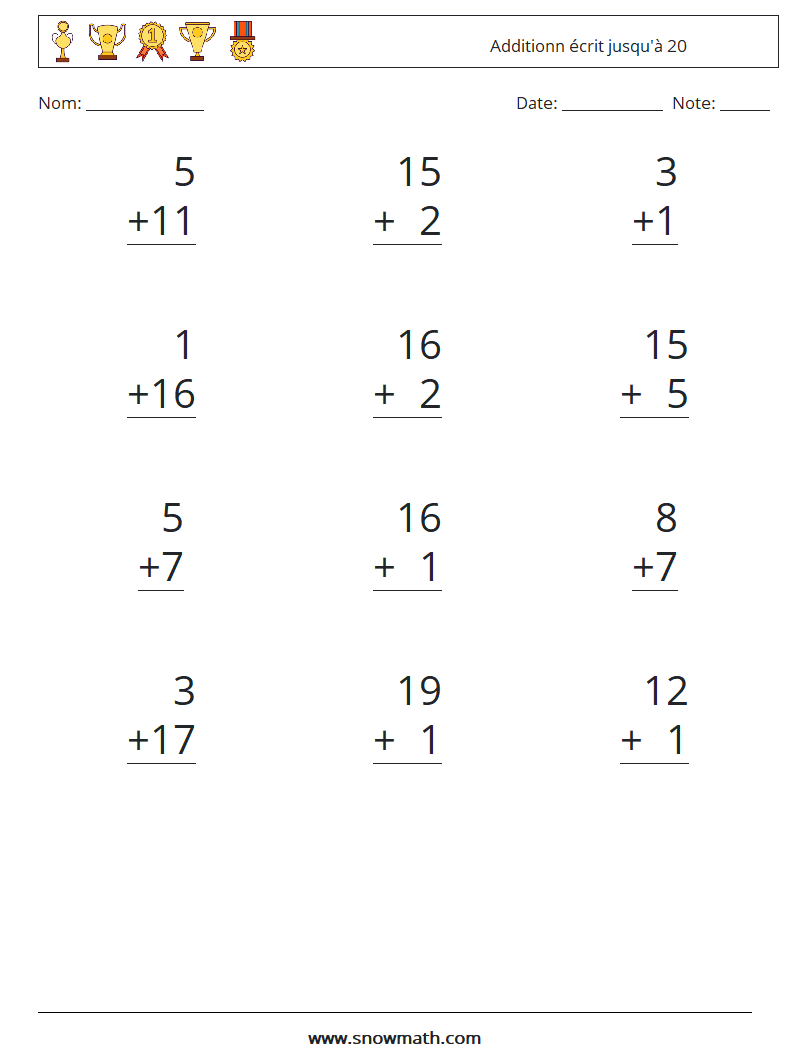 (12) Additionn écrit jusqu'à 20 Fiches d'Exercices de Mathématiques 14