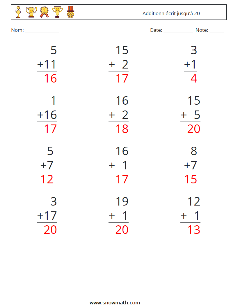 (12) Additionn écrit jusqu'à 20 Fiches d'Exercices de Mathématiques 14 Question, Réponse