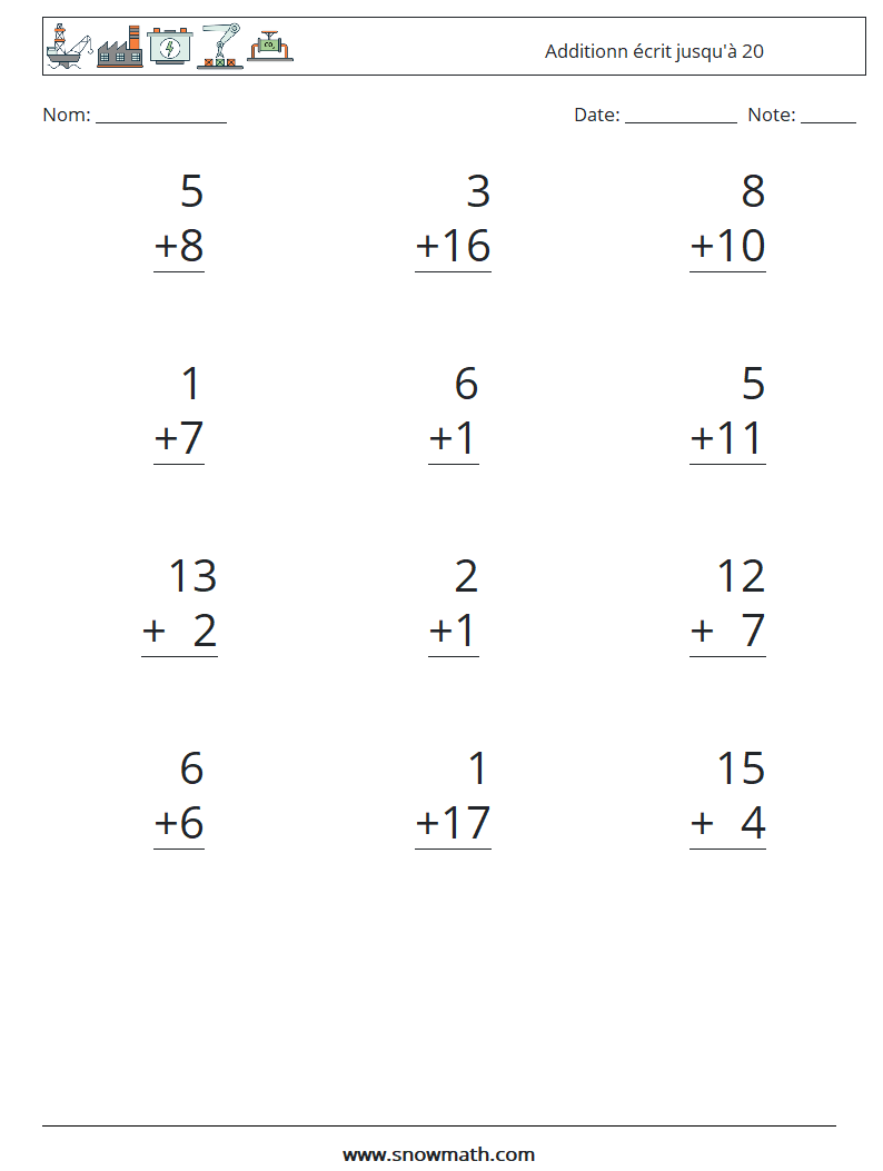 (12) Additionn écrit jusqu'à 20 Fiches d'Exercices de Mathématiques 15