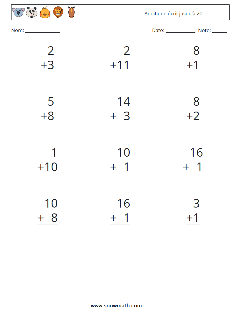 (12) Additionn écrit jusqu'à 20 Fiches d'Exercices de Mathématiques 16