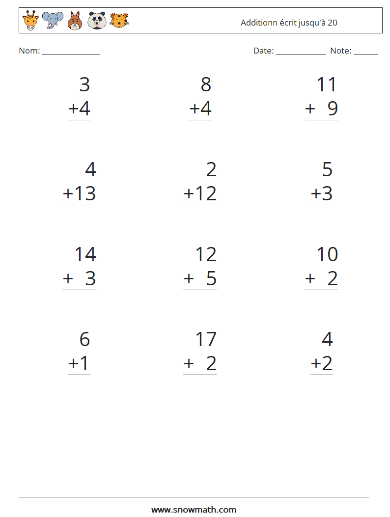 (12) Additionn écrit jusqu'à 20 Fiches d'Exercices de Mathématiques 17