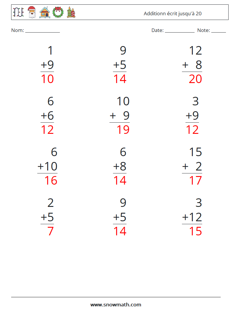 (12) Additionn écrit jusqu'à 20 Fiches d'Exercices de Mathématiques 18 Question, Réponse