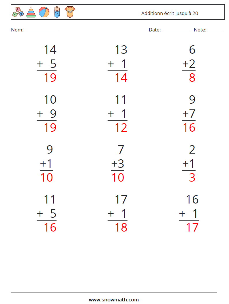 (12) Additionn écrit jusqu'à 20 Fiches d'Exercices de Mathématiques 1 Question, Réponse