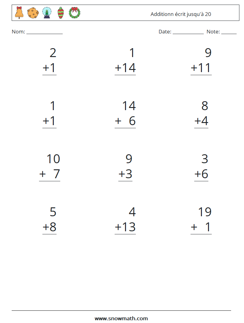 (12) Additionn écrit jusqu'à 20 Fiches d'Exercices de Mathématiques 2