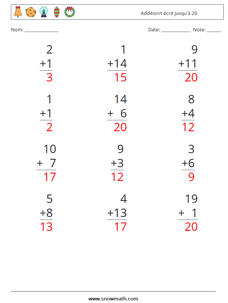 (12) Additionn écrit jusqu'à 20 Fiches d'Exercices de Mathématiques 2 Question, Réponse