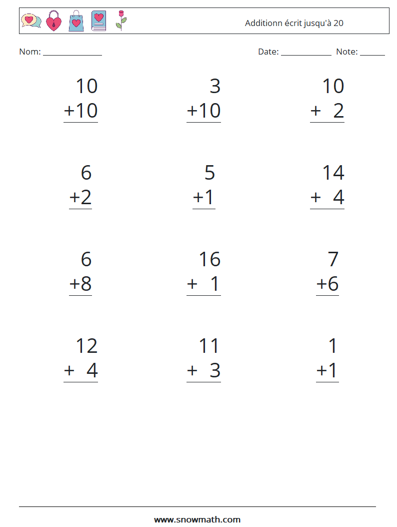(12) Additionn écrit jusqu'à 20 Fiches d'Exercices de Mathématiques 3
