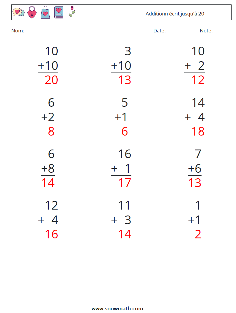 (12) Additionn écrit jusqu'à 20 Fiches d'Exercices de Mathématiques 3 Question, Réponse