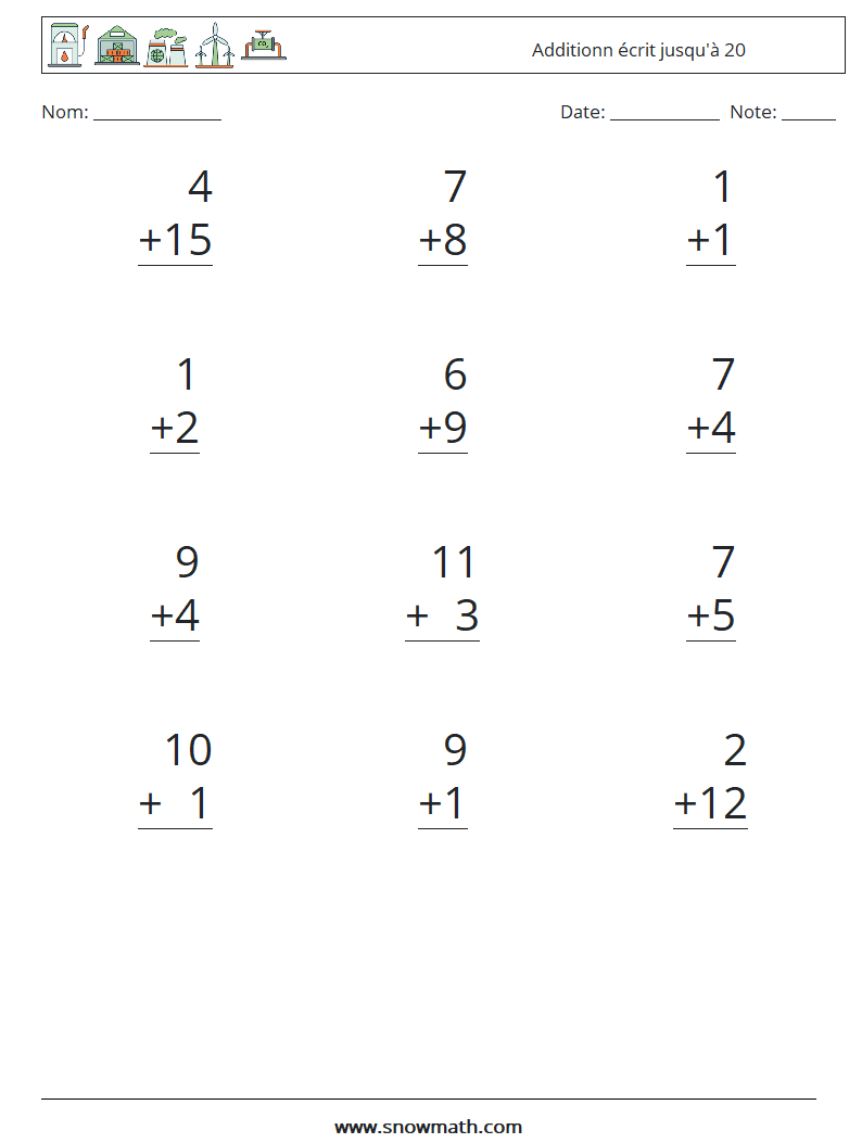 (12) Additionn écrit jusqu'à 20 Fiches d'Exercices de Mathématiques 4