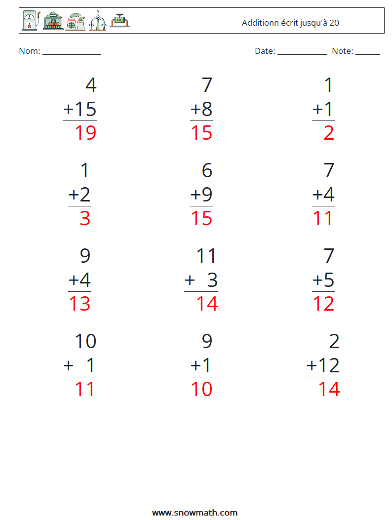 (12) Additionn écrit jusqu'à 20 Fiches d'Exercices de Mathématiques 4 Question, Réponse