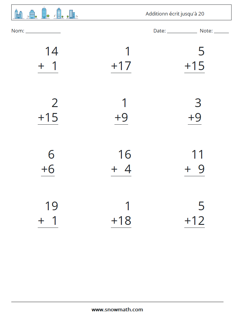 (12) Additionn écrit jusqu'à 20 Fiches d'Exercices de Mathématiques 5