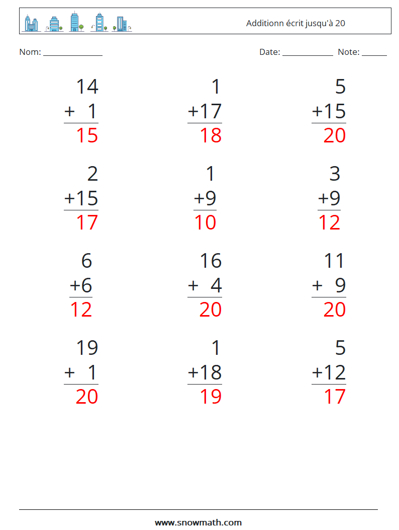 (12) Additionn écrit jusqu'à 20 Fiches d'Exercices de Mathématiques 5 Question, Réponse