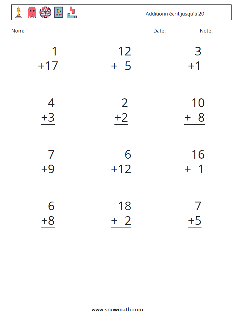 (12) Additionn écrit jusqu'à 20 Fiches d'Exercices de Mathématiques 6