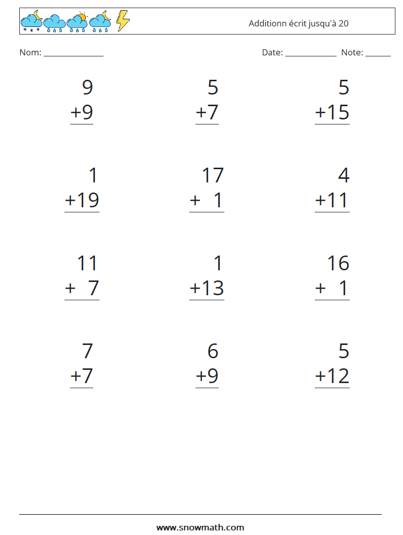 (12) Additionn écrit jusqu'à 20 Fiches d'Exercices de Mathématiques 7
