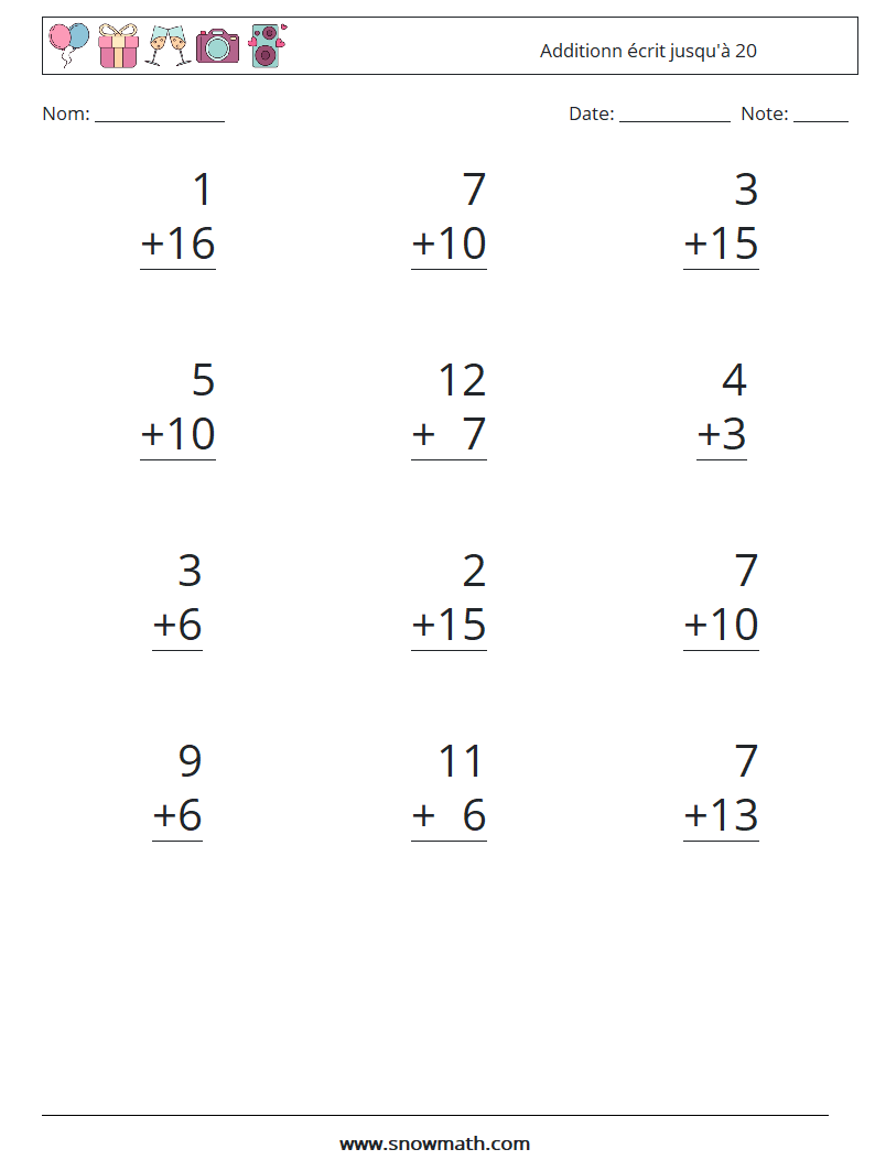 (12) Additionn écrit jusqu'à 20 Fiches d'Exercices de Mathématiques 9
