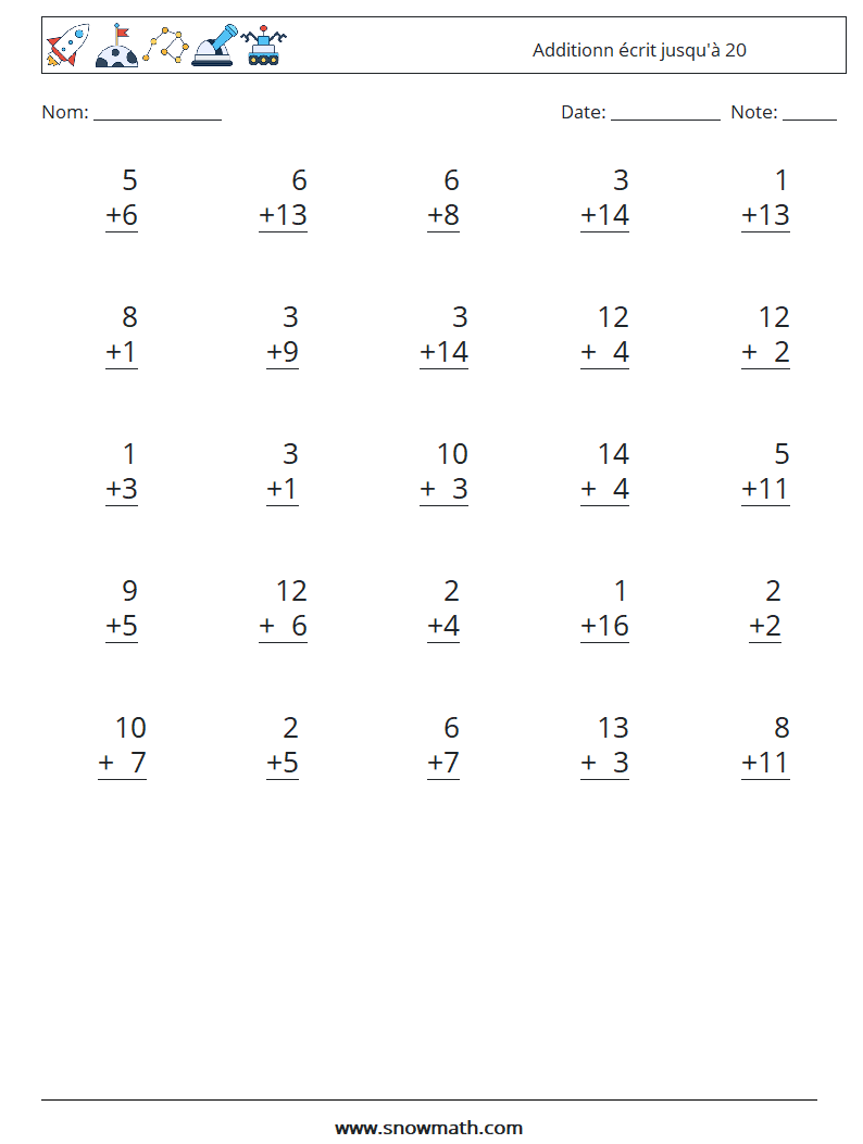 (25) Additionn écrit jusqu'à 20 Fiches d'Exercices de Mathématiques 11
