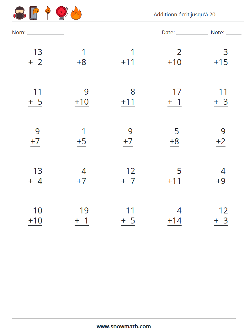 (25) Additionn écrit jusqu'à 20 Fiches d'Exercices de Mathématiques 12