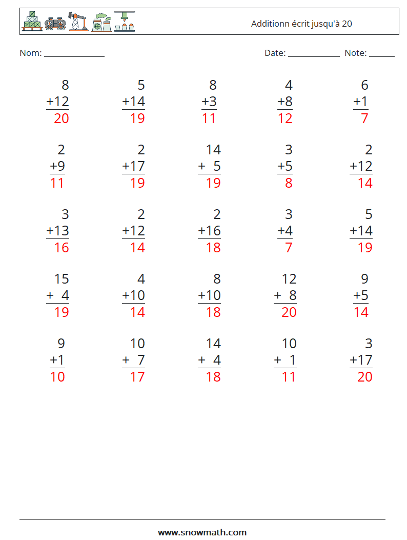 (25) Additionn écrit jusqu'à 20 Fiches d'Exercices de Mathématiques 13 Question, Réponse