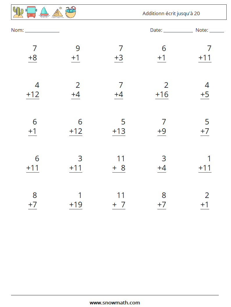 (25) Additionn écrit jusqu'à 20 Fiches d'Exercices de Mathématiques 14