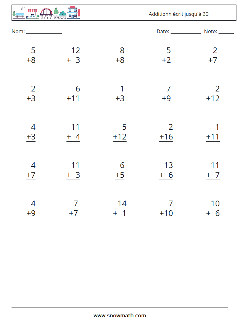 (25) Additionn écrit jusqu'à 20 Fiches d'Exercices de Mathématiques 15
