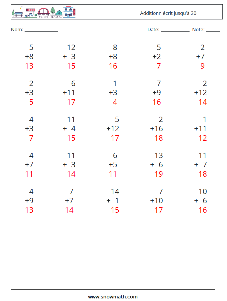 (25) Additionn écrit jusqu'à 20 Fiches d'Exercices de Mathématiques 15 Question, Réponse