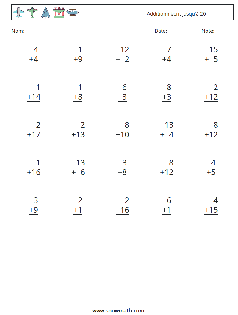 (25) Additionn écrit jusqu'à 20 Fiches d'Exercices de Mathématiques 16