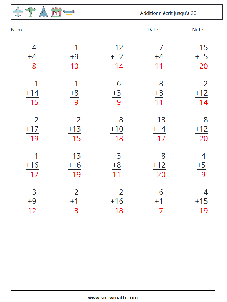 (25) Additionn écrit jusqu'à 20 Fiches d'Exercices de Mathématiques 16 Question, Réponse