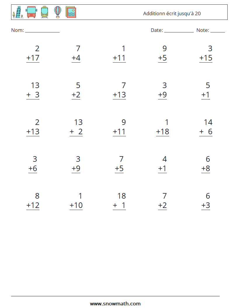 (25) Additionn écrit jusqu'à 20 Fiches d'Exercices de Mathématiques 17