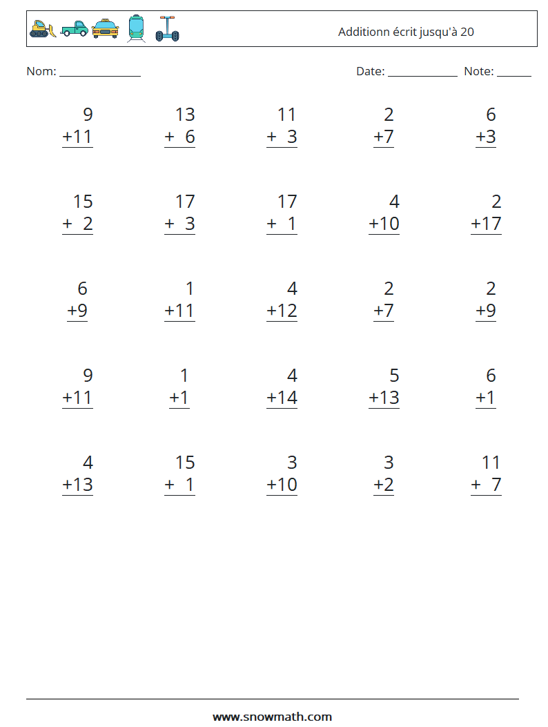(25) Additionn écrit jusqu'à 20 Fiches d'Exercices de Mathématiques 2