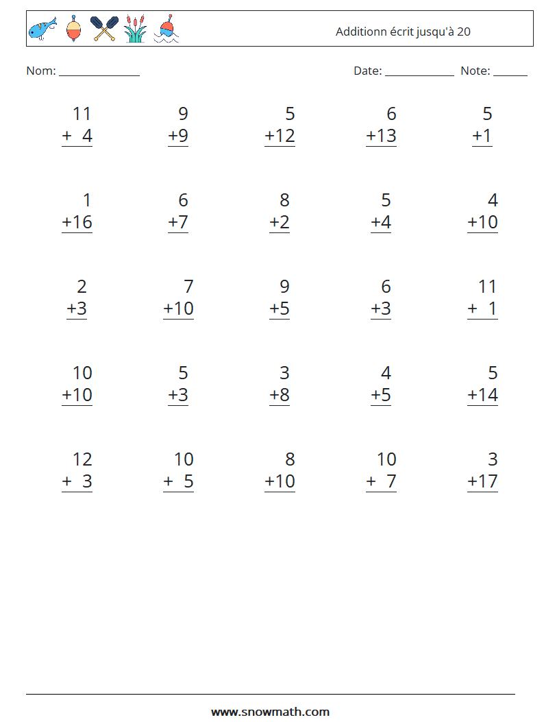 (25) Additionn écrit jusqu'à 20 Fiches d'Exercices de Mathématiques 4
