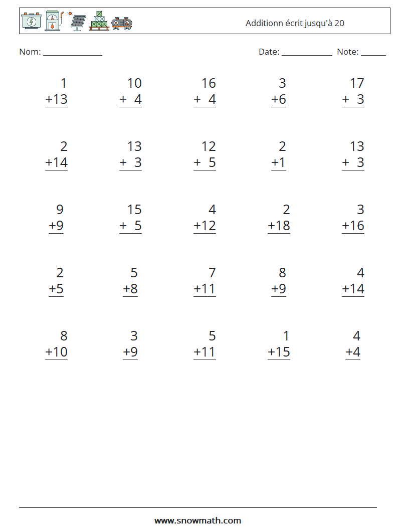 (25) Additionn écrit jusqu'à 20 Fiches d'Exercices de Mathématiques 5