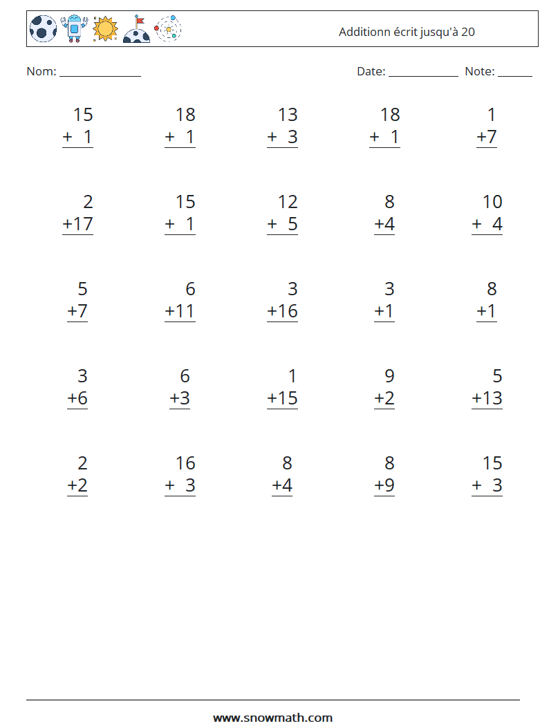 (25) Additionn écrit jusqu'à 20 Fiches d'Exercices de Mathématiques 6