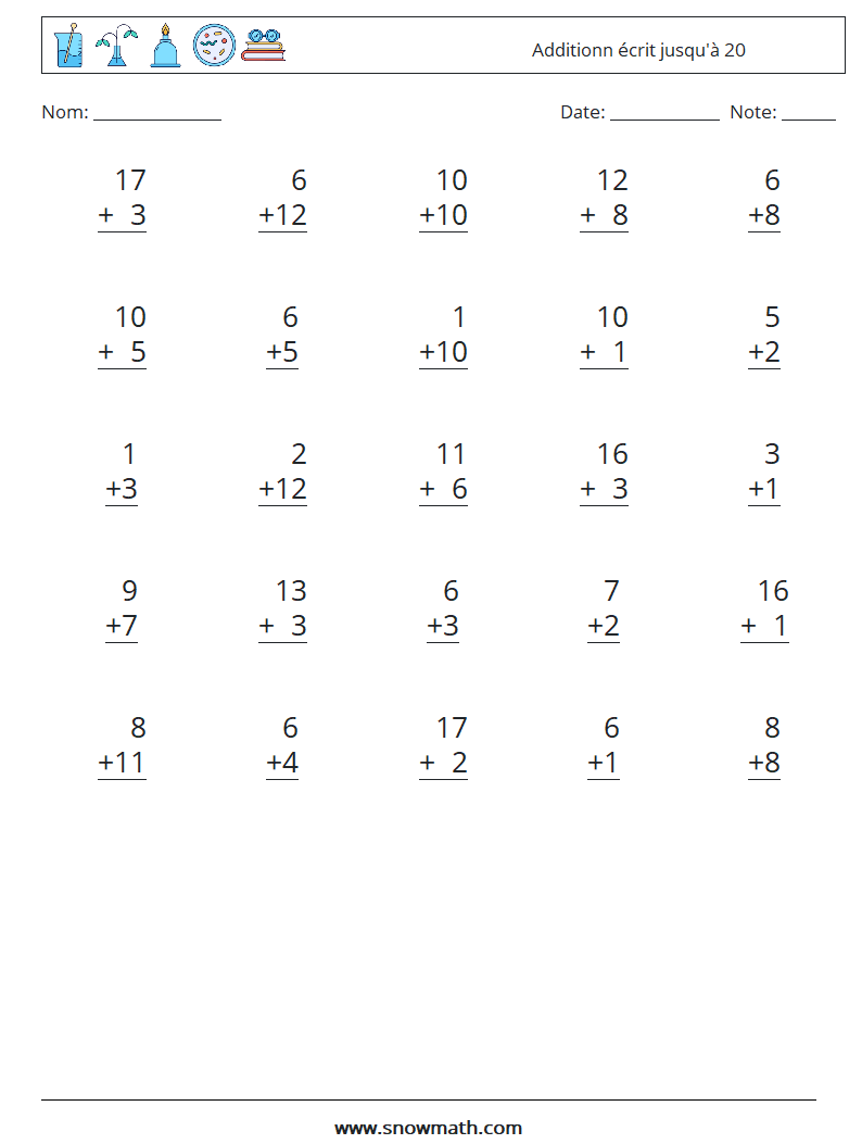 (25) Additionn écrit jusqu'à 20 Fiches d'Exercices de Mathématiques 7