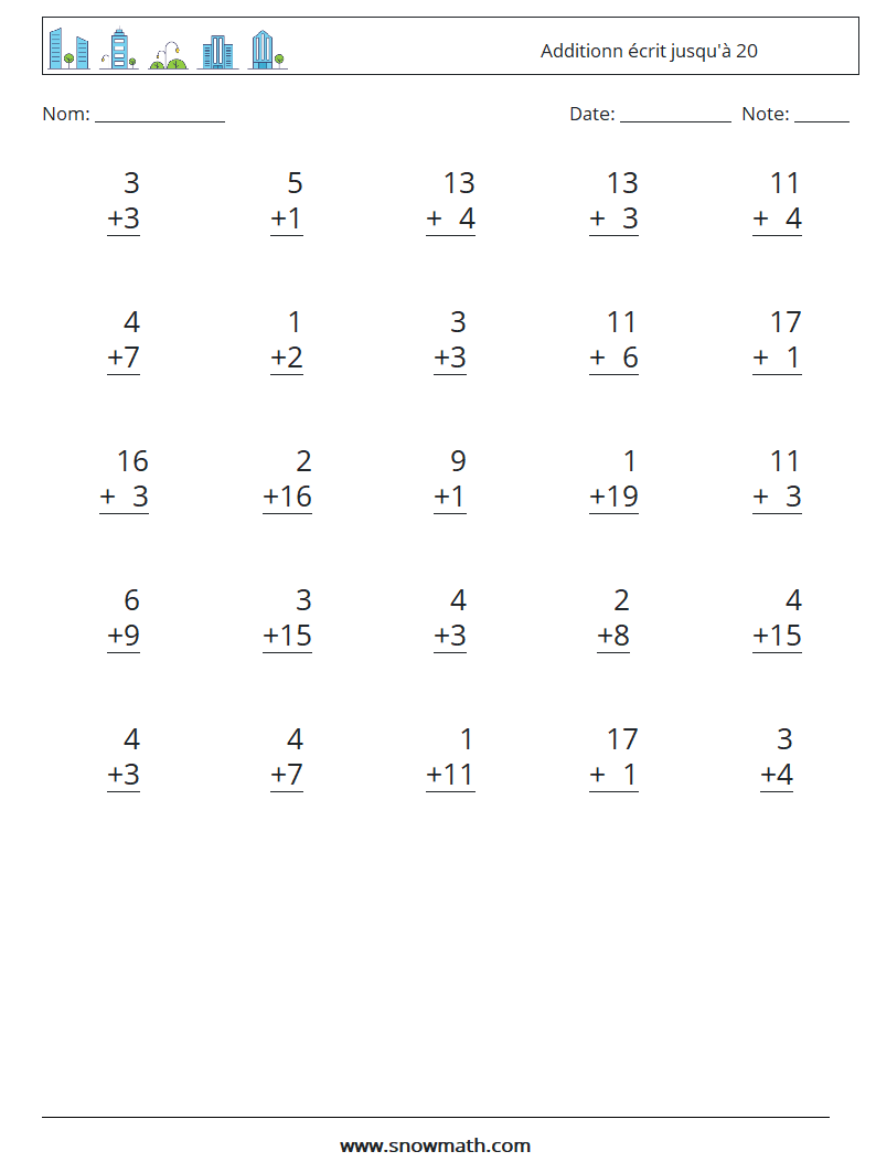 (25) Additionn écrit jusqu'à 20 Fiches d'Exercices de Mathématiques 8