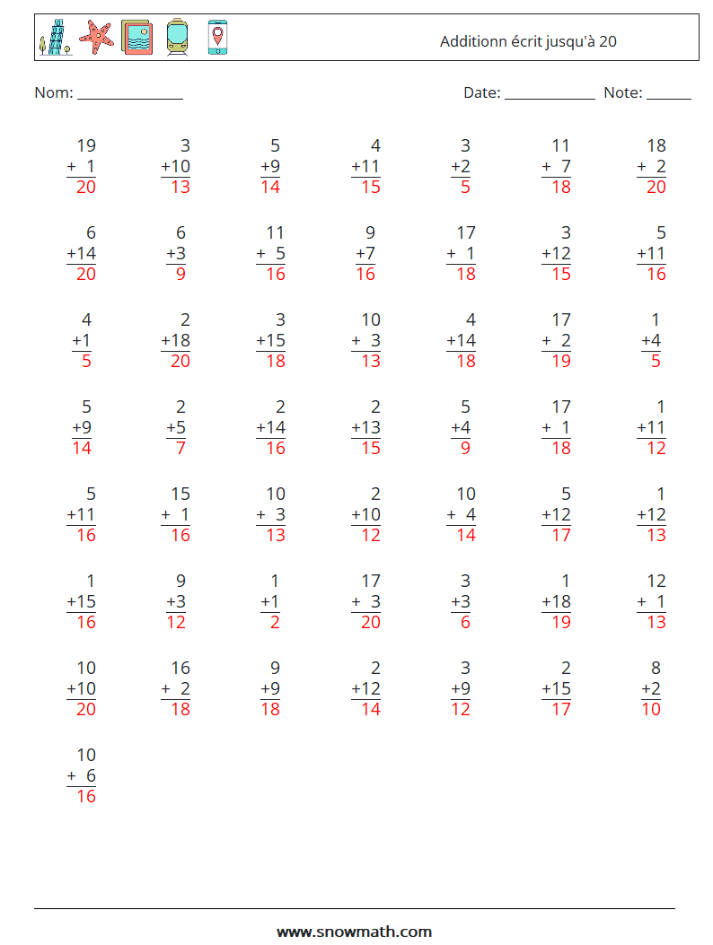 (50) Additionn écrit jusqu'à 20 Fiches d'Exercices de Mathématiques 12 Question, Réponse