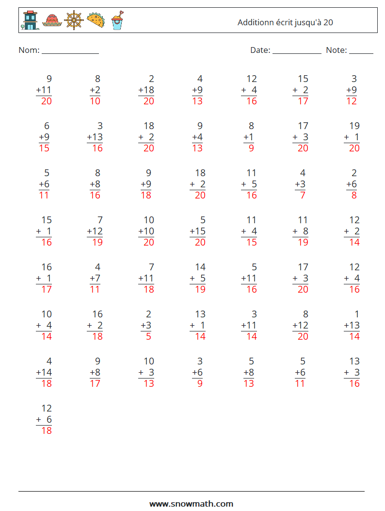 (50) Additionn écrit jusqu'à 20 Fiches d'Exercices de Mathématiques 13 Question, Réponse