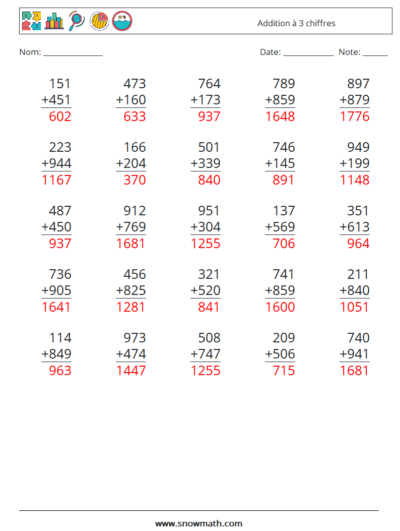 (25) Addition à 3 chiffres Fiches d'Exercices de Mathématiques 14 Question, Réponse