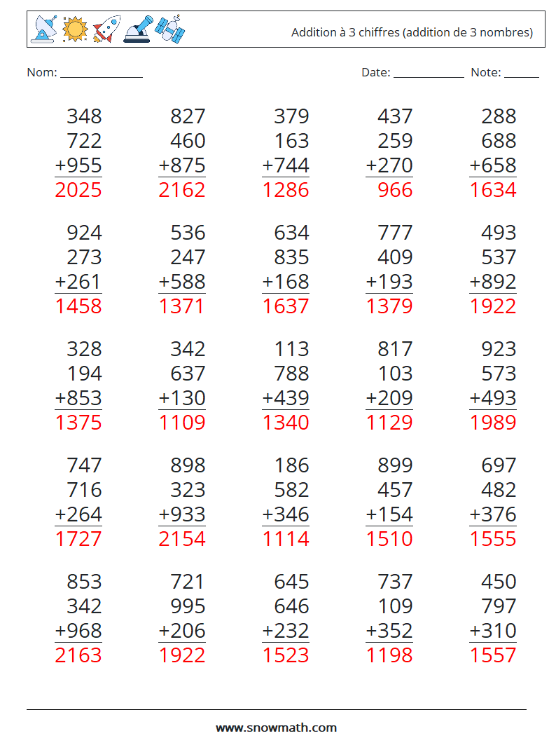 (25) Addition à 3 chiffres (addition de 3 nombres) Fiches d'Exercices de Mathématiques 10 Question, Réponse