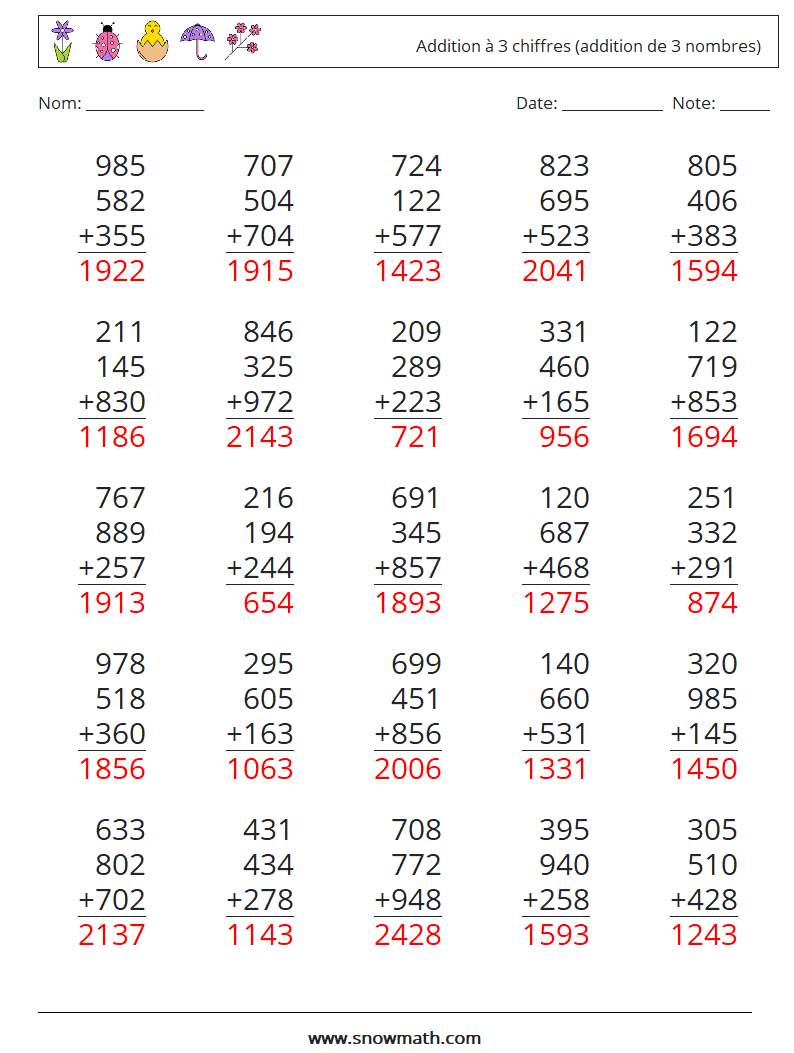 (25) Addition à 3 chiffres (addition de 3 nombres) Fiches d'Exercices de Mathématiques 12 Question, Réponse