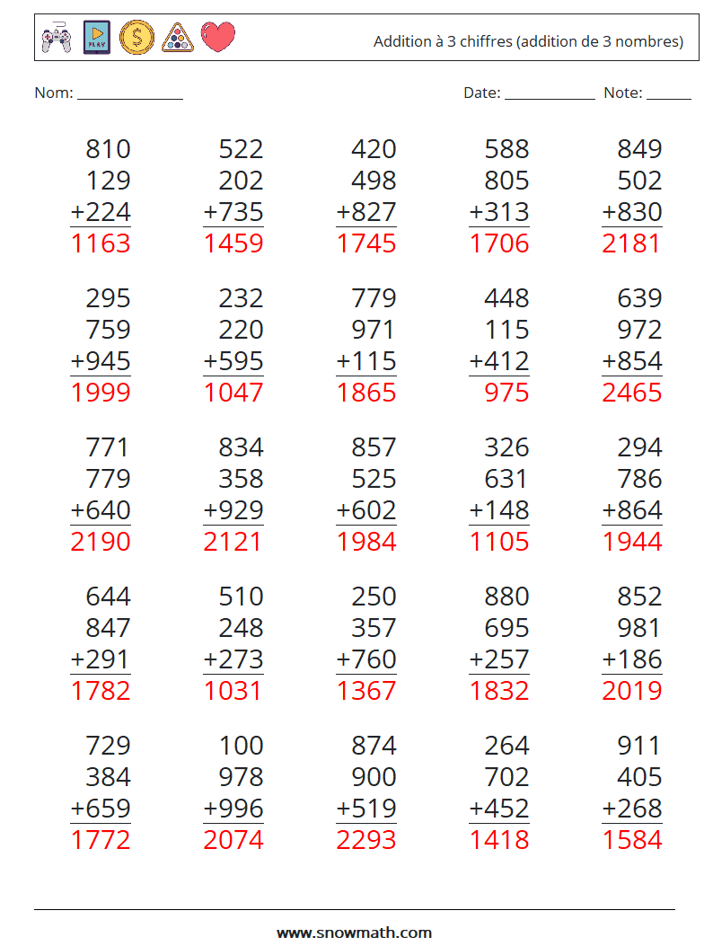 (25) Addition à 3 chiffres (addition de 3 nombres) Fiches d'Exercices de Mathématiques 13 Question, Réponse
