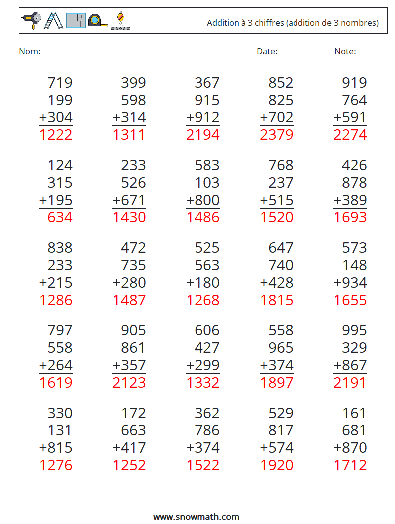 (25) Addition à 3 chiffres (addition de 3 nombres) Fiches d'Exercices de Mathématiques 15 Question, Réponse
