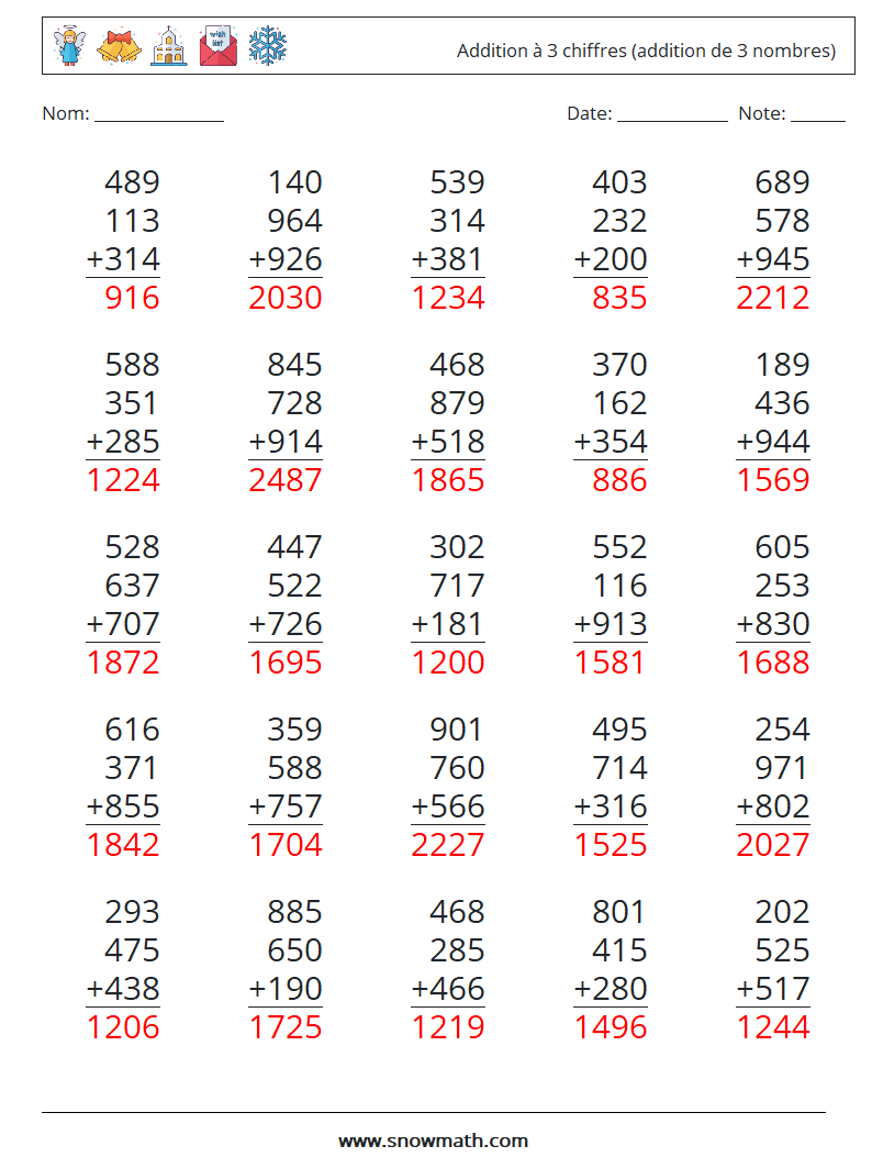 (25) Addition à 3 chiffres (addition de 3 nombres) Fiches d'Exercices de Mathématiques 18 Question, Réponse