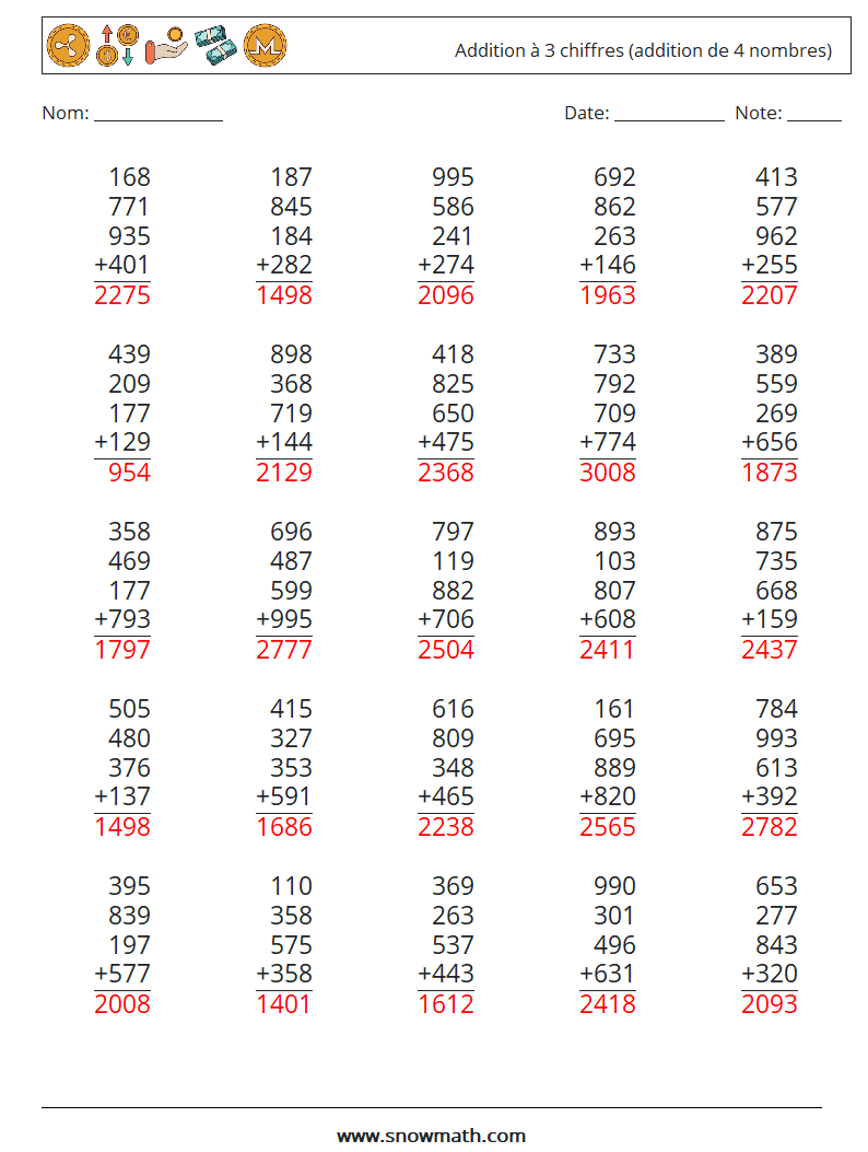 (25) Addition à 3 chiffres (addition de 4 nombres) Fiches d'Exercices de Mathématiques 12 Question, Réponse