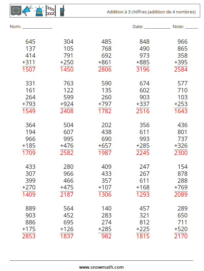 (25) Addition à 3 chiffres (addition de 4 nombres) Fiches d'Exercices de Mathématiques 16 Question, Réponse